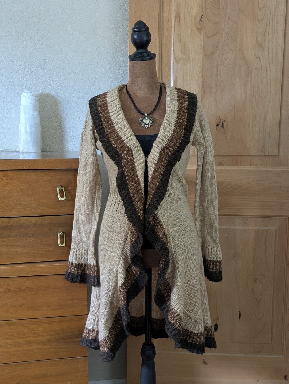 Allison Brittney Beige Cardigan with Brown Trim